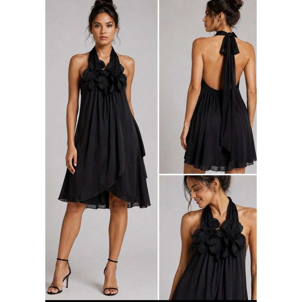 Elie Tahari Black Silk Floral Appliqué Halter Midi Dress – Size 10